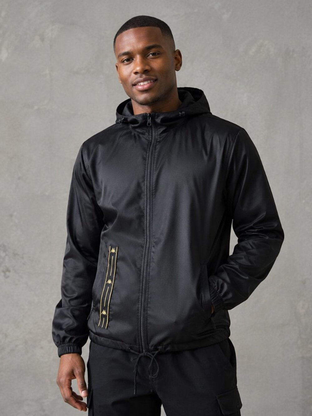 Kappa Black Full Zip Track Jacket Men’s Large Gold Logo Tape Drawstring Hem